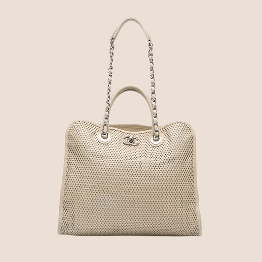 CHANEL BEIGE PERFORATED CAFLSKIN UP IN THE AIR SATCHEL