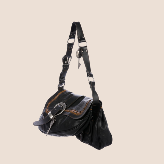 CHRISTIAN DIOR 2006 BLACK LEATHER DOUBLE GAUCHO BAG