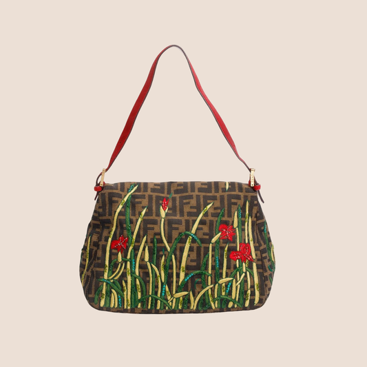 FENDI 2000 RED & BROWN PONYHAIR EMBROIDERED MAMMA BAGUETTE