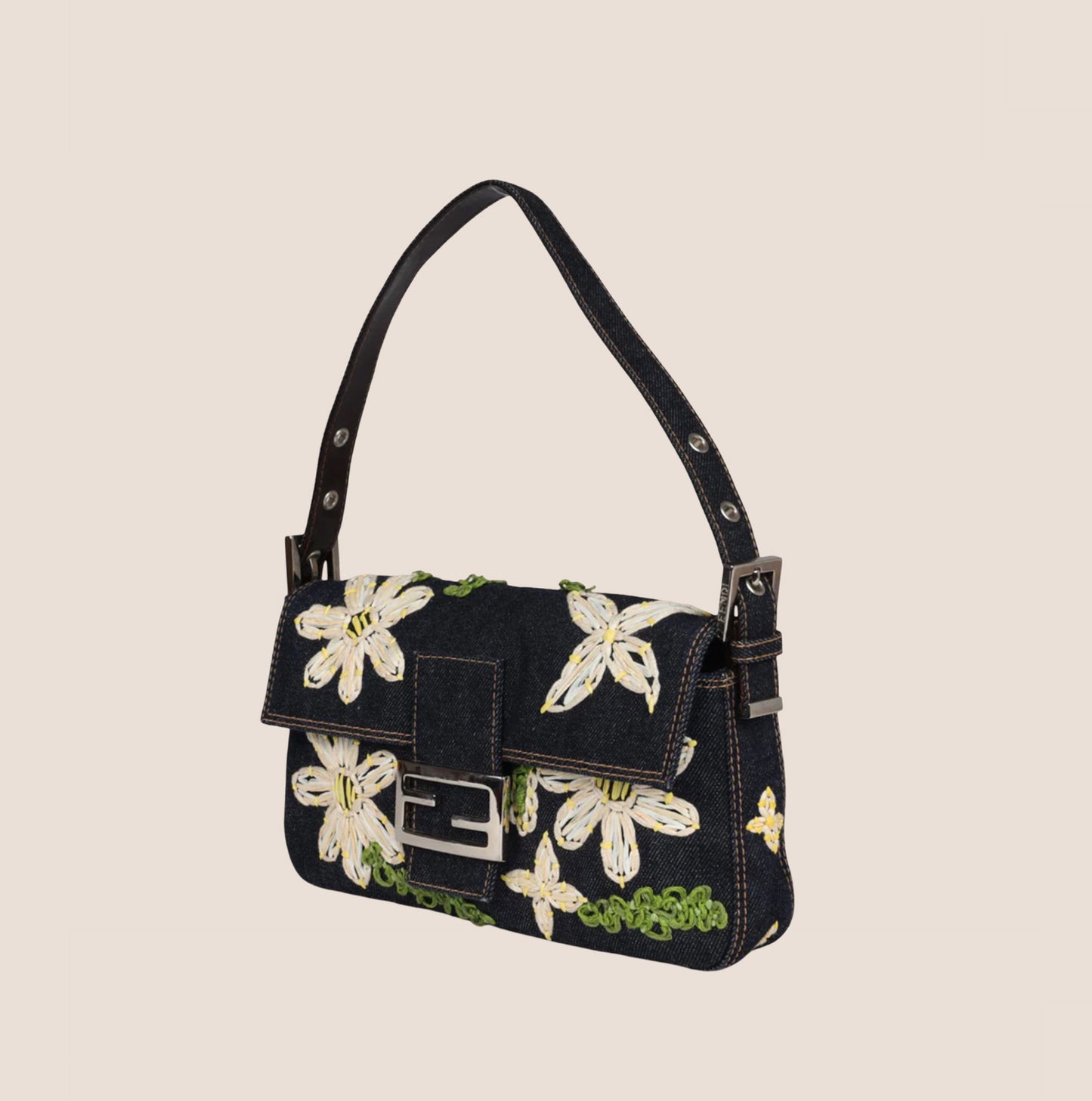 FENDI 2000 DENIM DAISY BAGUETTE BAG