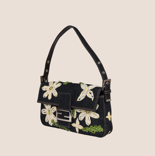 FENDI 2000 DENIM DAISY BAGUETTE BAG