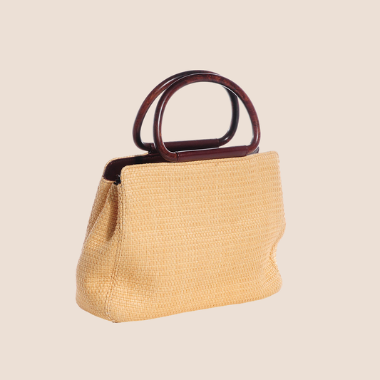 CHANEL WOVEN STRAW RAFFIA WOODEN HANDLE TOTE BAG