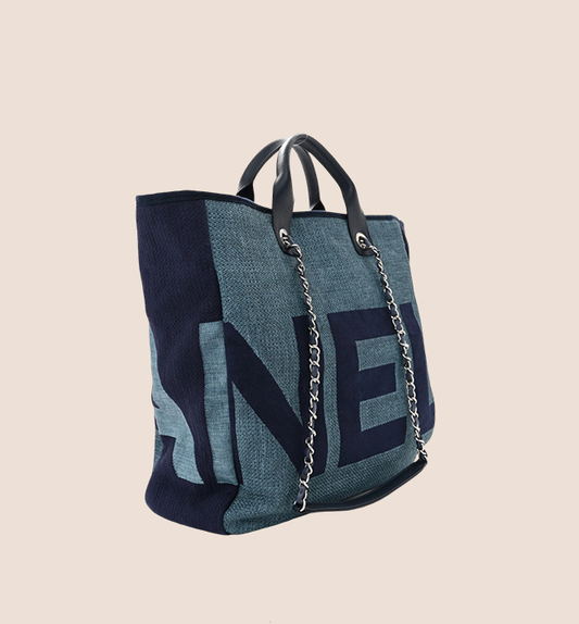 CHANEL LOGO DARK BLUE DENIM LARGE SHOPPING TOTE