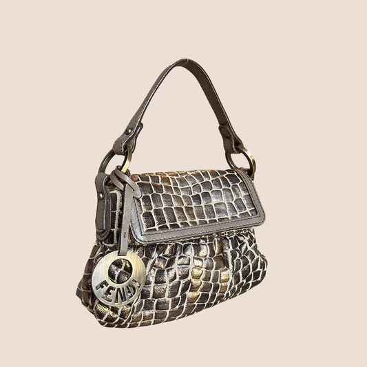 FENDI 2000 METALLIC BRONZE CROCO MINI CHEF BAG