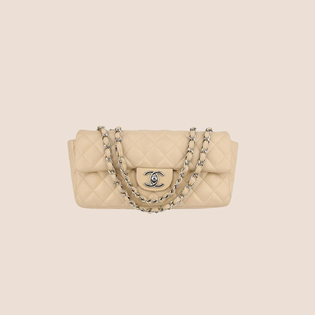 CHANEL CREAM LEATHER EAST WEST QUILTED FLAP BAG
