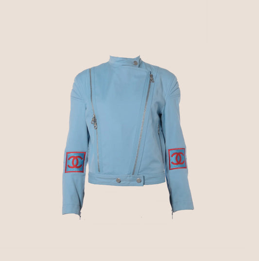 CHANEL 2002 CC LOGO BLUE BIKER JACKET