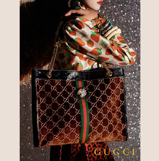 GUCCI BROWN VELVET WEB RAJAH TOTE BAG