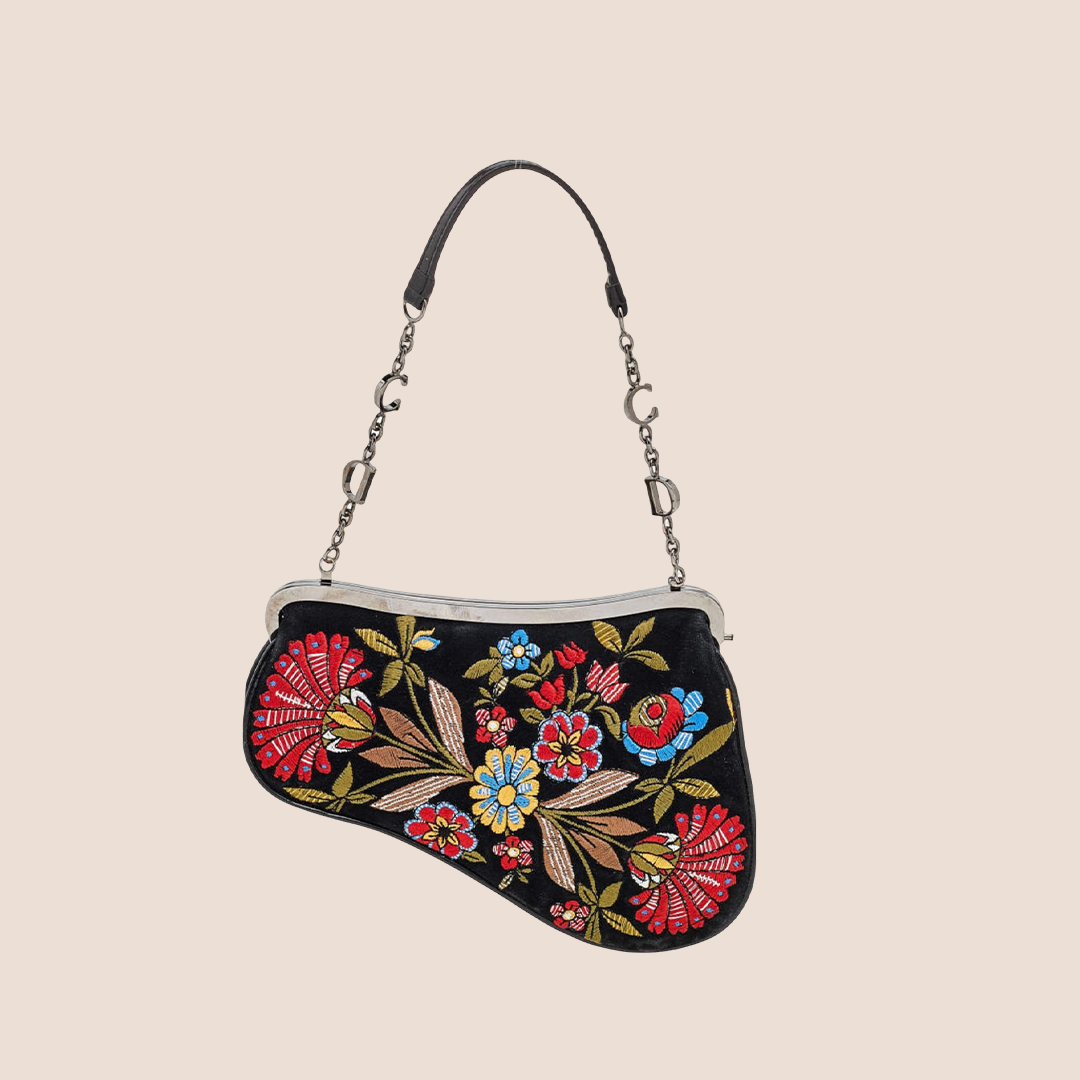 CHRISTIAN DIOR 2000 SUEDE FLORAL EMBROIDERED MICRO SADDLE BAG