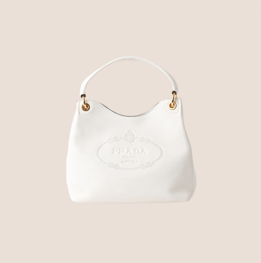 PRADA WHITE LEATHER LOGO PHENIX HANDBAG