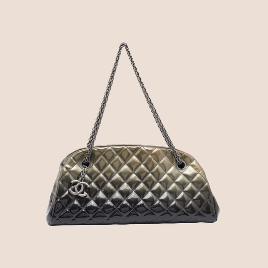 CHANEL GREY & GREEN OMBRE QUILTED PATENT LEATHER BOWLER BAG
