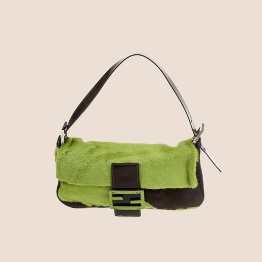 FENDI 2000 GREEN & BROWN PONY HAIR COW PRINT BAGUETTE BAG