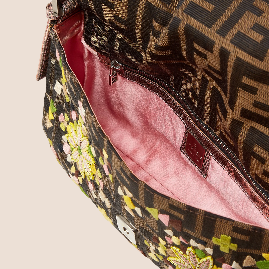 FENDI 2002 BROWN ZUCCA FLORAL EMBROIDERED BAGUETTE BAG