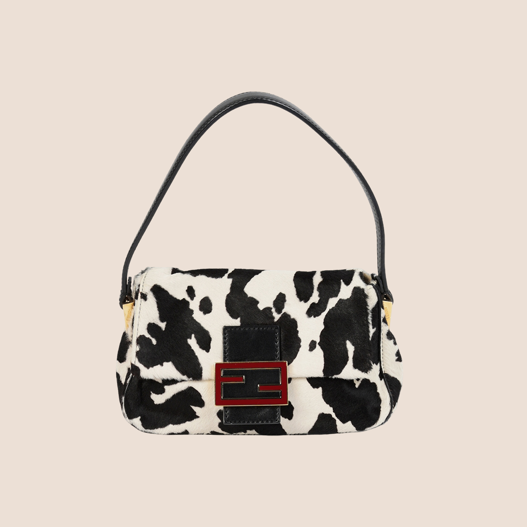 FENDI PONYHAIR COW PRINT MINI BAGUETTE BAG