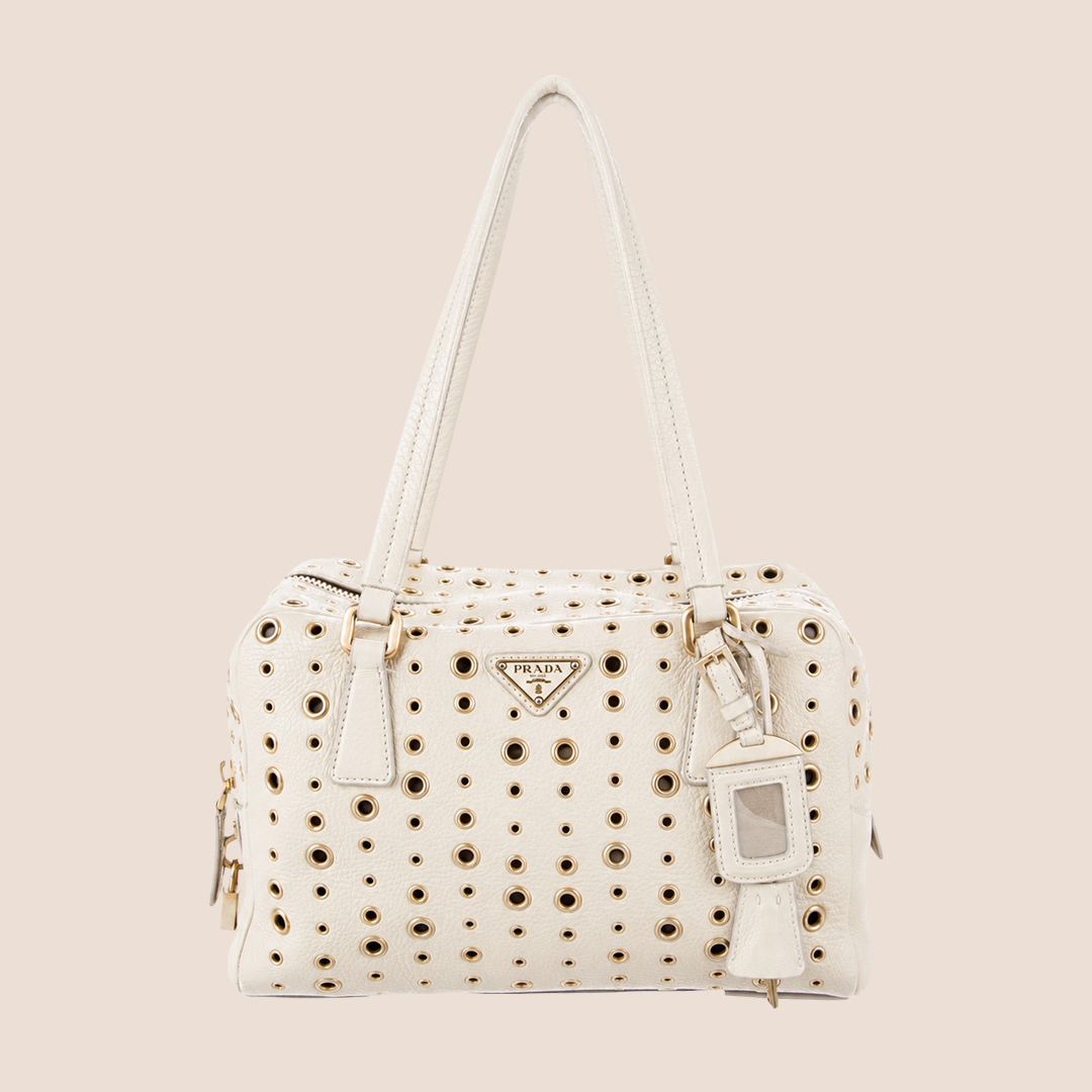PRADA 2000 WHITE LEATHER RIVET STUDDED BAULETTO BAG