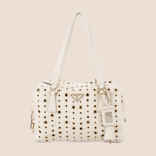 PRADA 2000 WHITE LEATHER RIVET STUDDED BAULETTO BAG