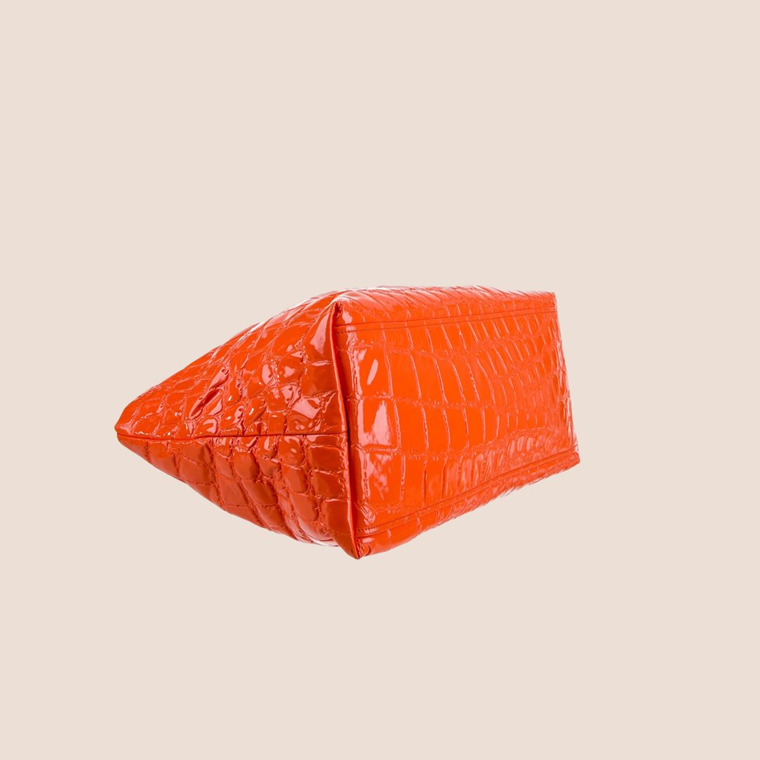 MIU MIU ORANGE PATENT LEATHER JUMBO CROC EMBOSSED TOTE BAG