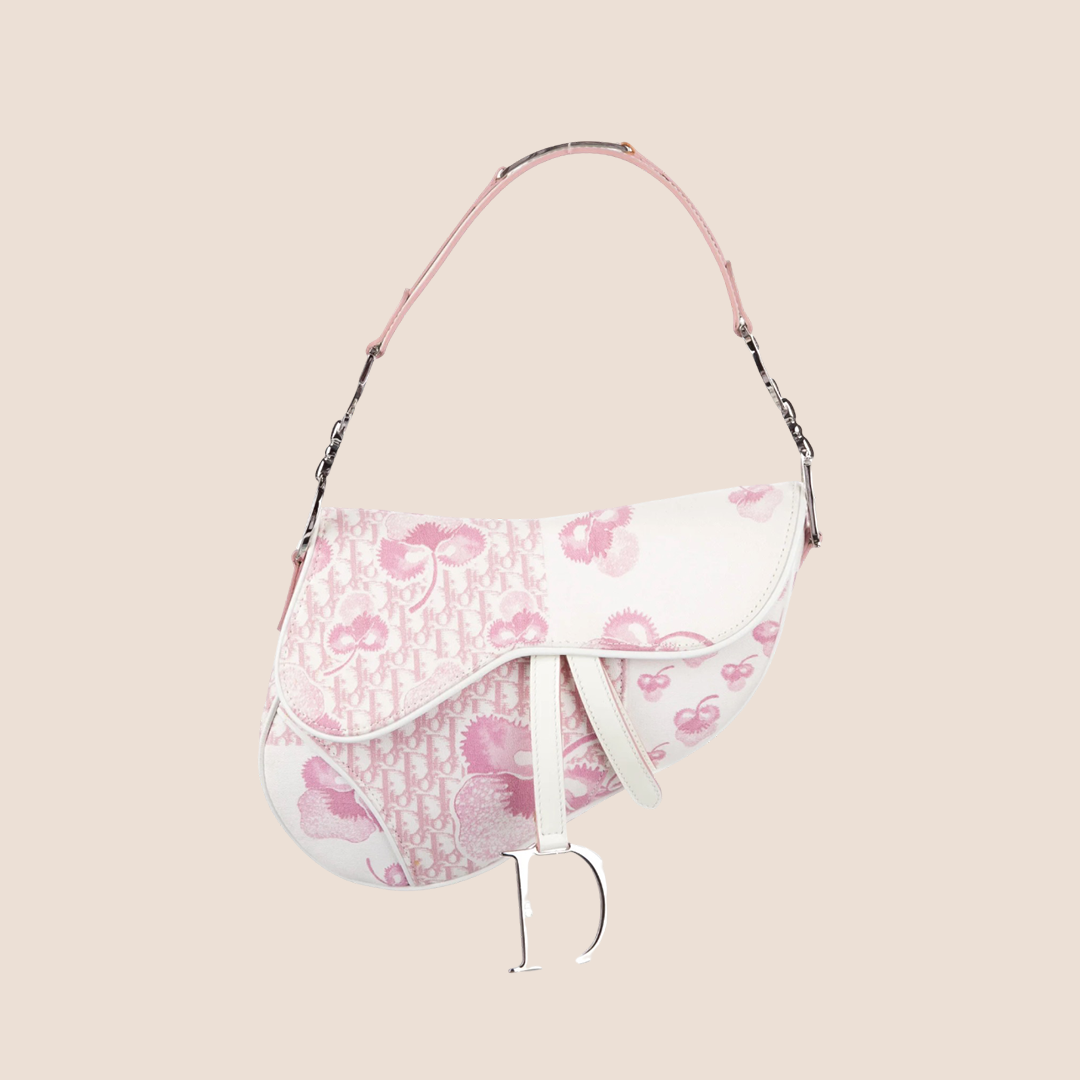 CHRISTIAN DIOR 2004 GIRLY PINK & CREAM CHERRY BLOSSOM SADDLE BAG
