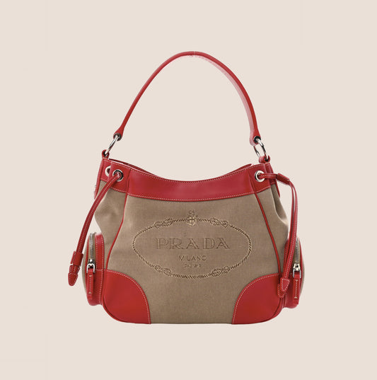 PRADA RED LEATHER JACQUARD LOGO HOBO BAG