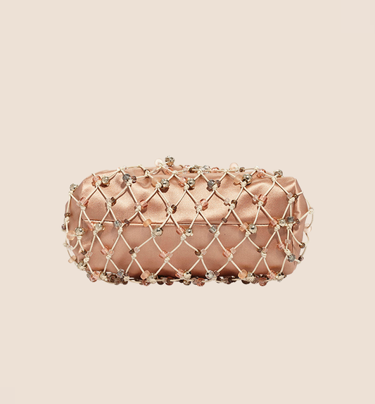 CHANEL 2004 BEIGE SATIN & BEADED CROCHET EVENING BAG