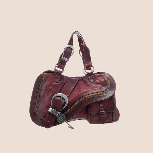 CHRISTIAN DIOR BURGUNDY LEATHER GAUCHO SADDLE HANDBAG