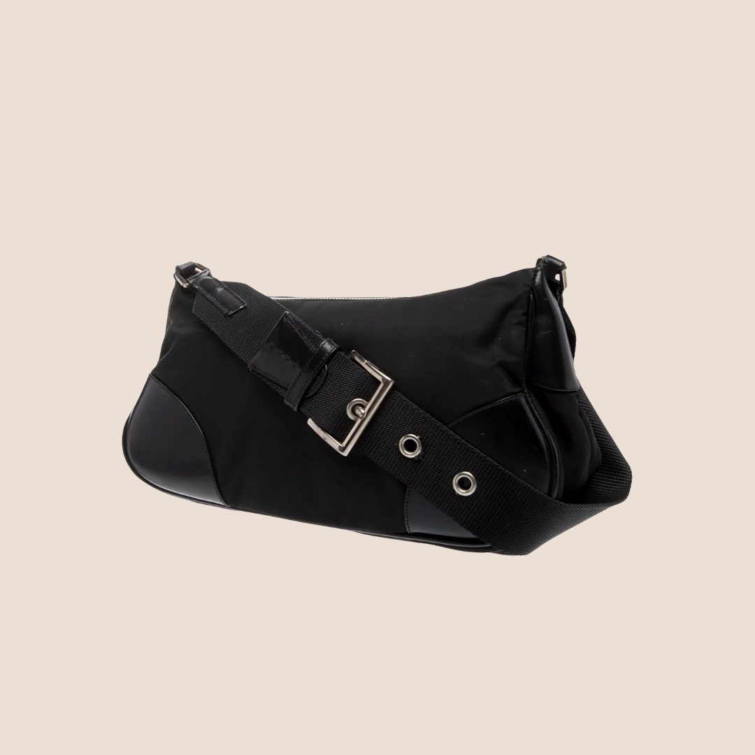 PRADA BLACK TESSUTO NYLON LEATHER TRIM MOON BAG
