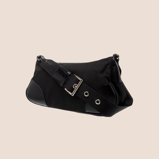 PRADA BLACK TESSUTO NYLON LEATHER TRIM MOON BAG