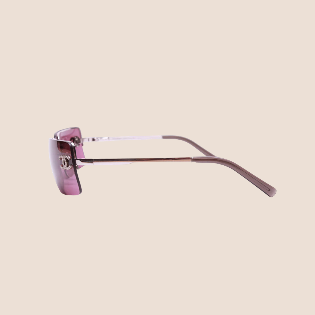 CHANEL 90s BURGUNDY RIMLESS CC CRYSTAL SUNGLASSES