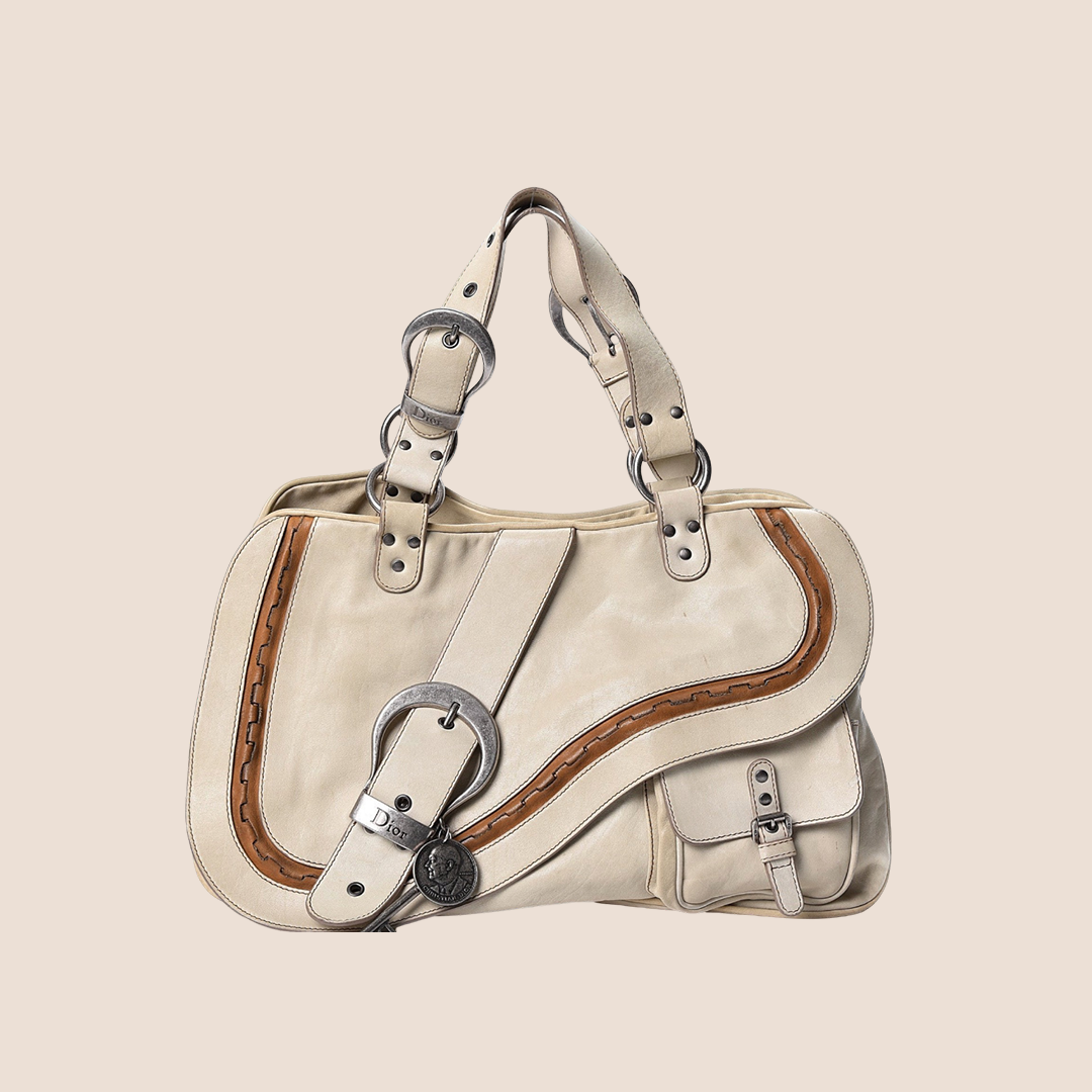 CHRISTIAN DIOR 2006 CREAM LEATHER GAUCHO SADDLE HANDBAG