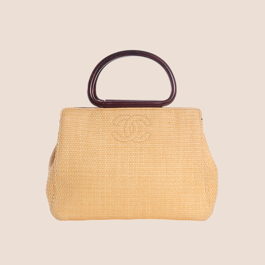 CHANEL WOVEN STRAW RAFFIA WOODEN HANDLE TOTE BAG