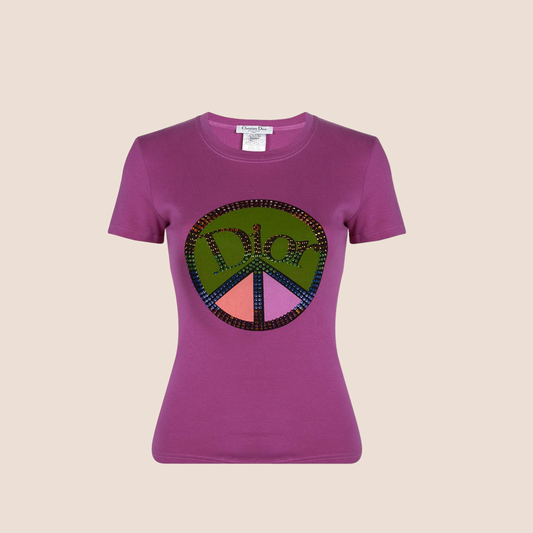 CHRISTIAN DIOR 2005 PEACE SIGN LOGO SWAROVSKI T-SHIRT