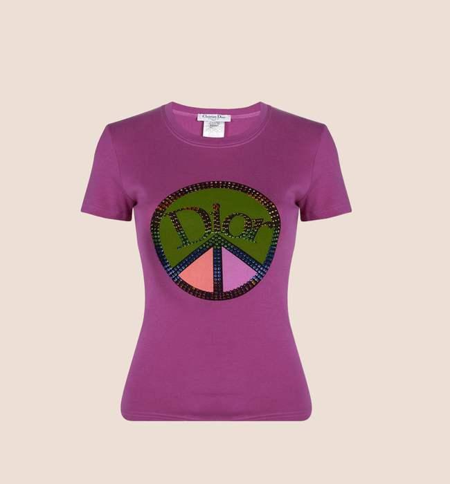 CHRISTIAN DIOR 2005 PEACE SIGN LOGO SWAROVSKI T-SHIRT