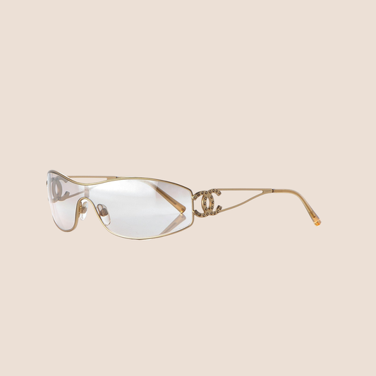 CHANEL 90s GOLD CRYSTAL CC LOGO CLEAR SUNGLASSES