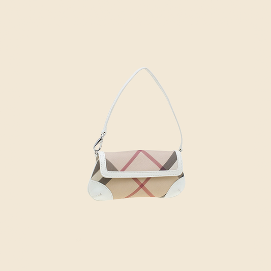 BURBERRY NOVA CHECK WHITE LEATHER TRIM MINI BAGUETTE