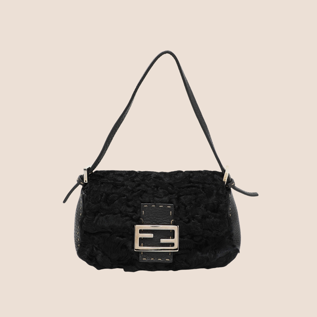 FENDI BLACK FUR & LEATHER MINI BAGUETTE BAG