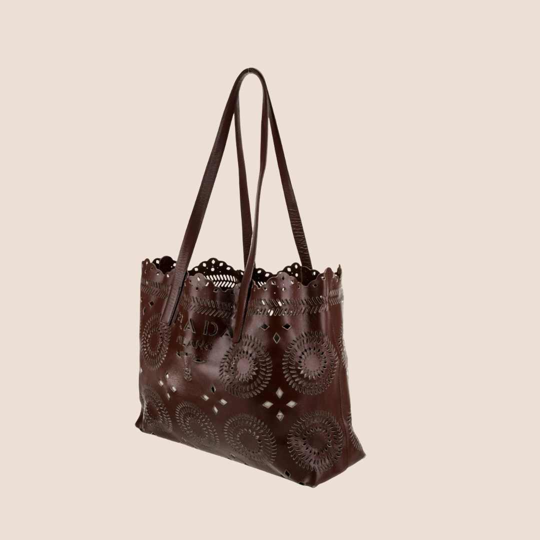 PRADA BROWN CALF LASER CUT CITY TOTE BAG