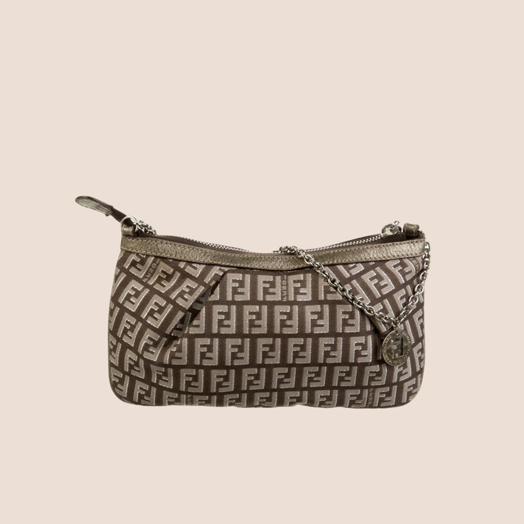 FENDI BRONZE ZUCCHINO CANVAS CHARM CHAIN POCHETTE BAG