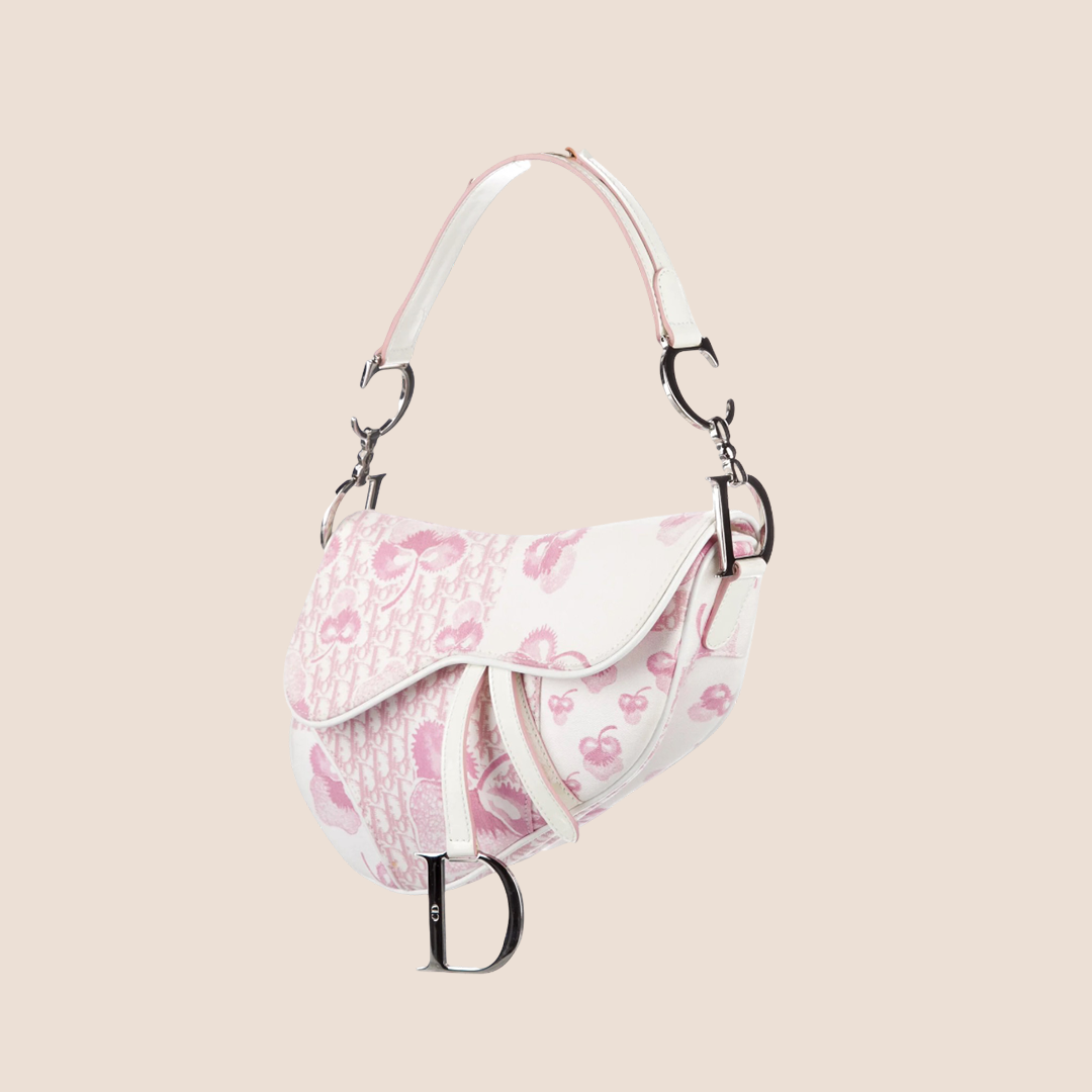 CHRISTIAN DIOR 2004 GIRLY PINK & CREAM CHERRY BLOSSOM SADDLE BAG