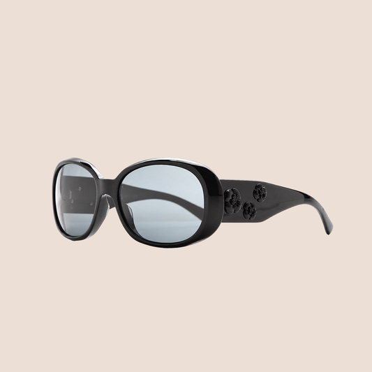 CHANEL BLACK FRAME CAMELLIA SUNGLASSES