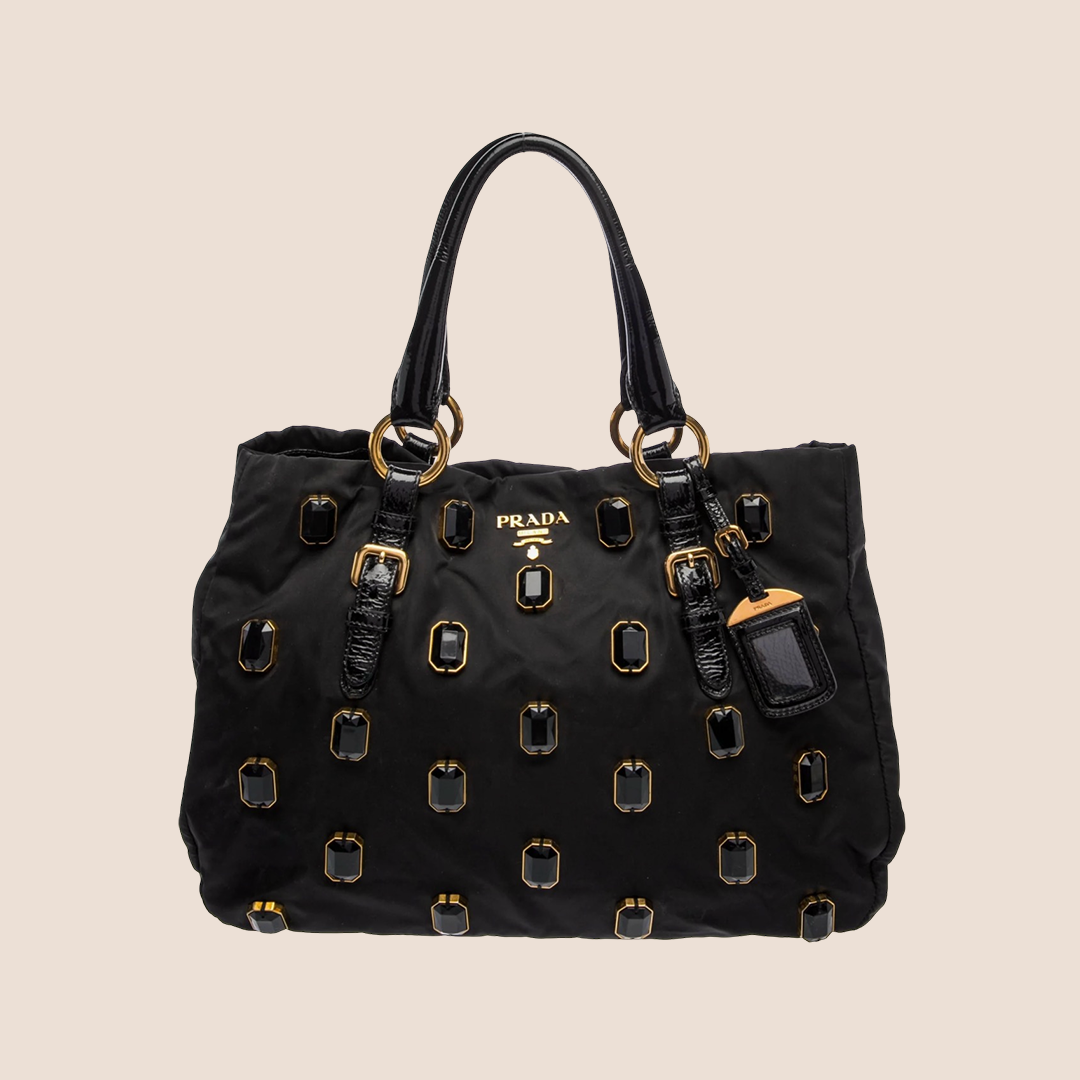 PRADA BLACK NYLON CRYSTAL EMBELLISHED TOTE BAG