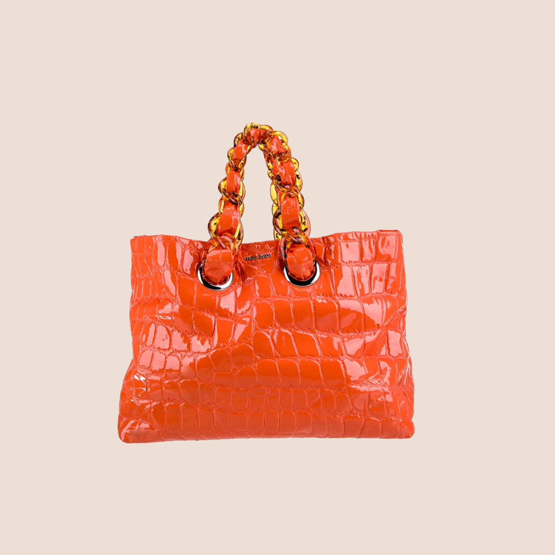 MIU MIU ORANGE PATENT LEATHER JUMBO CROC EMBOSSED TOTE BAG