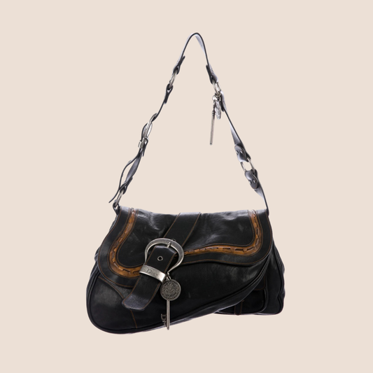 CHRISTIAN DIOR 2006 BLACK LEATHER DOUBLE GAUCHO BAG