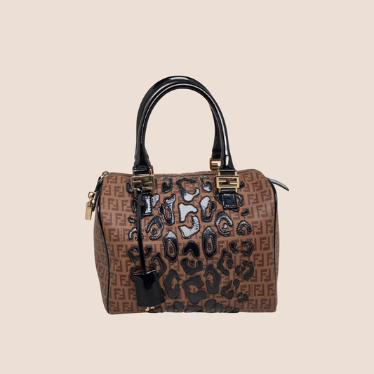 FENDI TOBACCO ZUCCHINO CANVAS ANIMAL PRINT BOSTON BAG