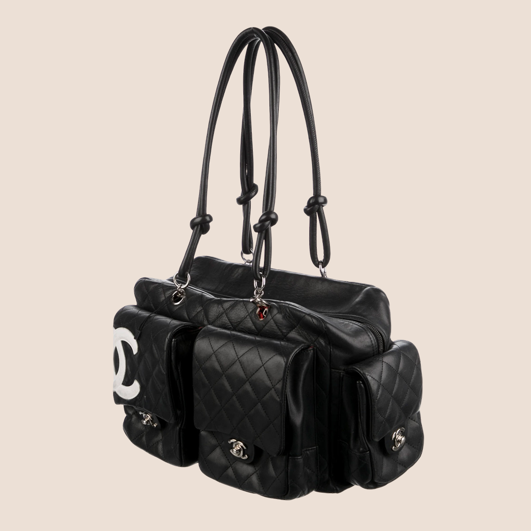 CHANEL 2005 CAMBON BLACK & WHITE QUILTED LEATHER REPORTER BAG