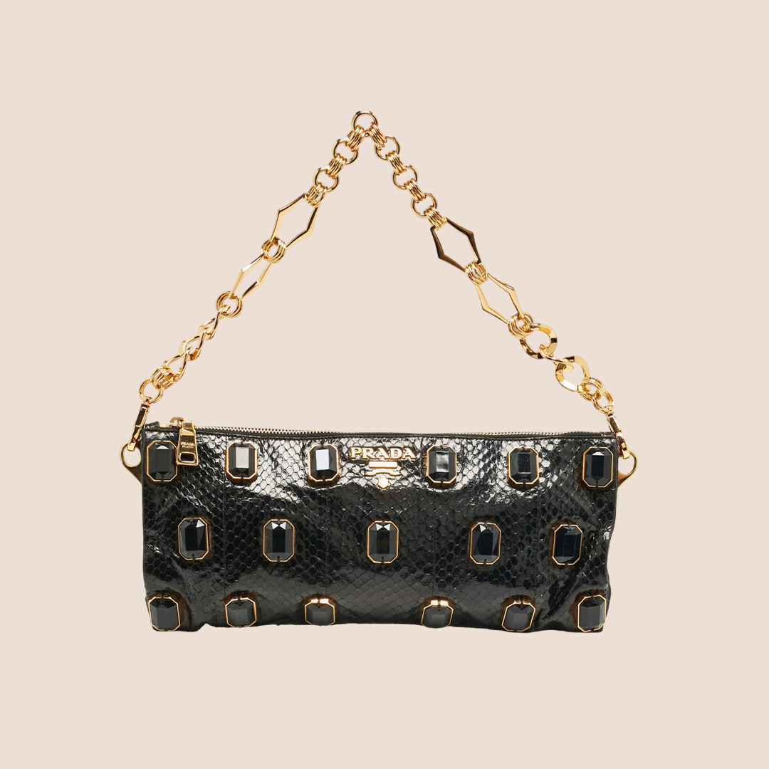 PRADA BLACK SNAKESKIN METALLIC CRYSTAL CHAIN BAG