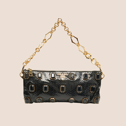PRADA BLACK SNAKESKIN METALLIC CRYSTAL CHAIN BAG