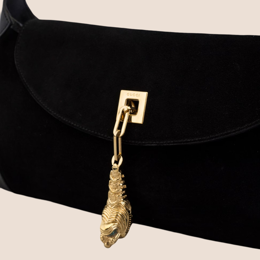 GUCCI BLACK SUEDE TIGER HEAD SHOULDER BAG
