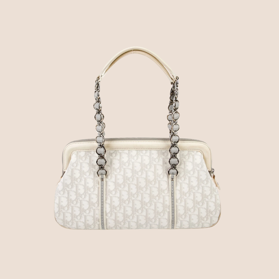CHRISTIAN DIOR 2007 GREY & WHITE ROMANTIQUE TROTTER FRAME SHOULDER BAG