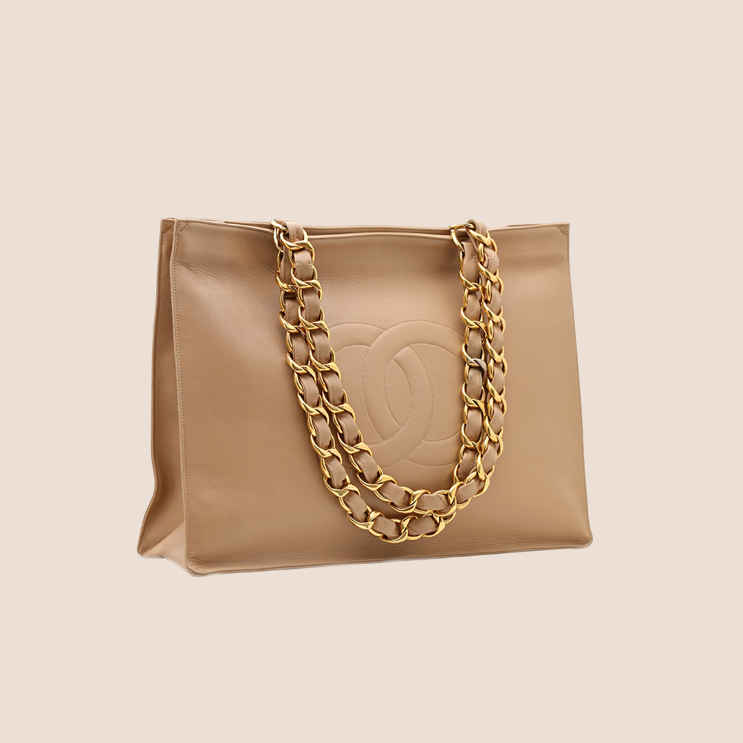 CHANEL 1990 CC LOGO BEIGE LEATHER TOTE BAG