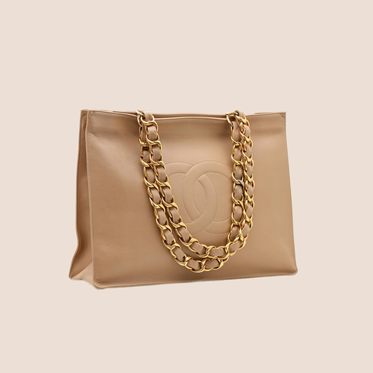 CHANEL 1990 CC LOGO BEIGE LEATHER TOTE BAG