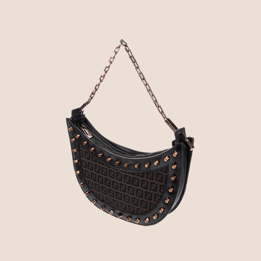 FENDI BROWN ZUCCHINO STUDDED HALF MOON BAG